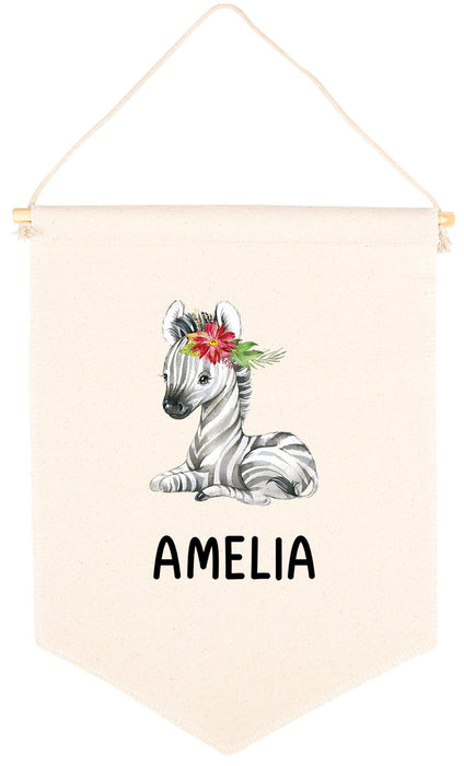 Custom Name Nursery Canvas Tapestry Wall Hanging Banner-Set of 1-Andaz Press-Custom Name & Zebra with Flower-