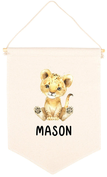 Custom Name Nursery Canvas Tapestry Wall Hanging Banner-Set of 1-Andaz Press-Custom Name and Lion-