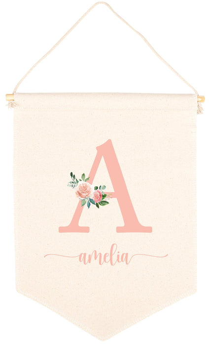 Custom Name Nursery Canvas Tapestry Wall Hanging Banner-Set of 1-Andaz Press-Floral Monogram-