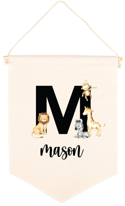 Custom Name Nursery Canvas Tapestry Wall Hanging Banner-Set of 1-Andaz Press-Monogram with Jungle Animals-