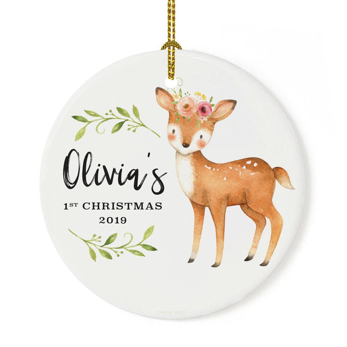 Custom Name Round Ceramic Christmas Ornament, Baby Keepsake Collectible Gift, Woodland Deer Laurels Florals-Set of 1-Andaz Press-1st Christmas Custom-