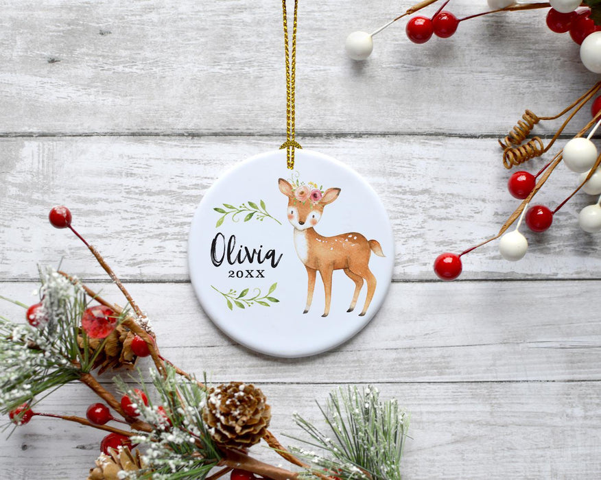 Custom Name Round Ceramic Christmas Ornament, Baby Keepsake Collectible Gift, Woodland Deer Laurels Florals-Set of 1-Andaz Press-Custom Name-