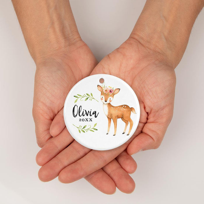 Custom Name Round Ceramic Christmas Ornament, Baby Keepsake Collectible Gift, Woodland Deer Laurels Florals-Set of 1-Andaz Press-Custom Name-
