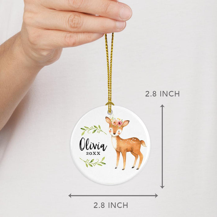 Custom Name Round Ceramic Christmas Ornament, Baby Keepsake Collectible Gift, Woodland Deer Laurels Florals-Set of 1-Andaz Press-Custom Name-