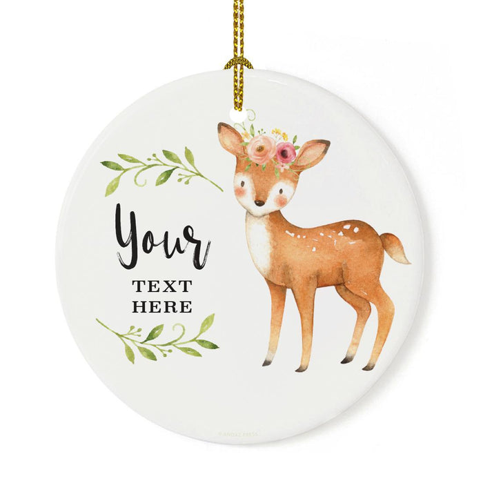 Custom Name Round Ceramic Christmas Ornament, Baby Keepsake Collectible Gift, Woodland Deer Laurels Florals-Set of 1-Andaz Press-Custom Fully-