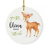 Custom Name Round Ceramic Christmas Ornament, Baby Keepsake Collectible Gift, Woodland Deer Laurels Florals-Set of 1-Andaz Press-Custom Name-