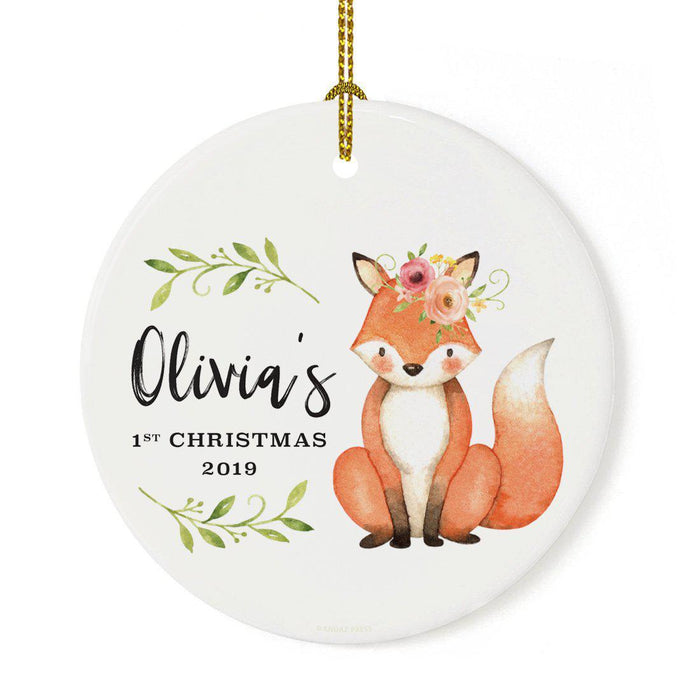Custom Name Round Ceramic Christmas Tree Ornament, New Baby Girl, Woodland Fox Laurels Florals-Set of 1-Andaz Press-1st Christmas Custom-