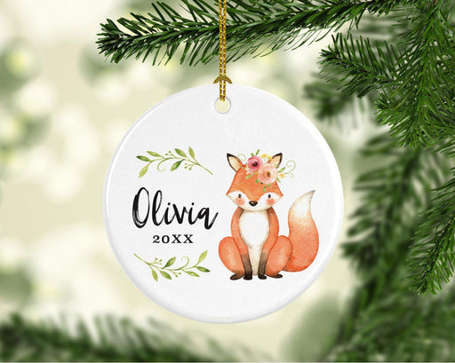 Custom Name Round Ceramic Christmas Tree Ornament, New Baby Girl, Woodland Fox Laurels Florals-Set of 1-Andaz Press-Custom Name-