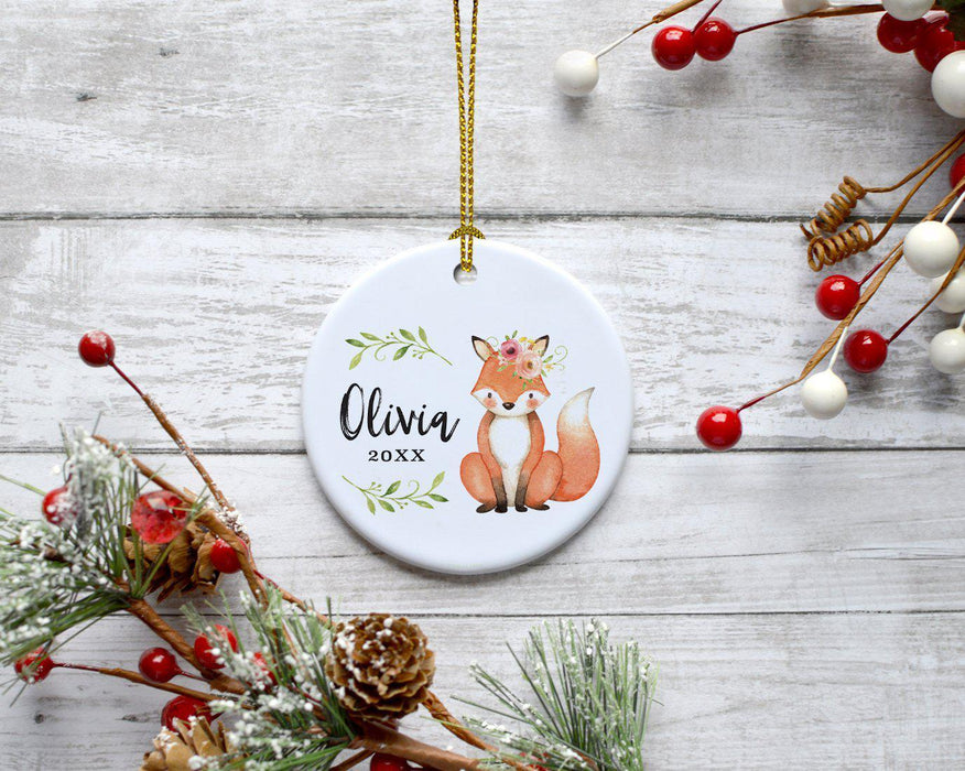Custom Name Round Ceramic Christmas Tree Ornament, New Baby Girl, Woodland Fox Laurels Florals-Set of 1-Andaz Press-Custom Name-