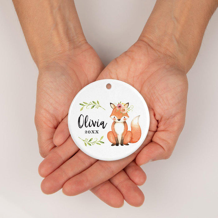 Custom Name Round Ceramic Christmas Tree Ornament, New Baby Girl, Woodland Fox Laurels Florals-Set of 1-Andaz Press-Custom Name-