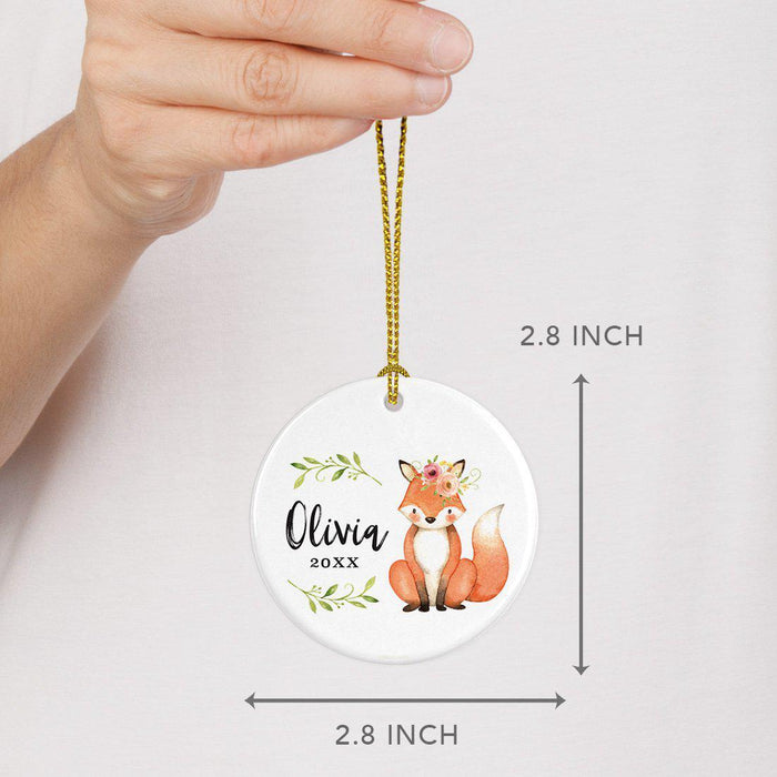 Custom Name Round Ceramic Christmas Tree Ornament, New Baby Girl, Woodland Fox Laurels Florals-Set of 1-Andaz Press-Custom Name-