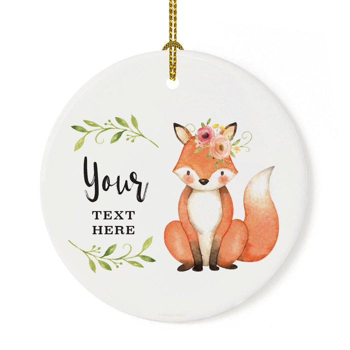 Custom Name Round Ceramic Christmas Tree Ornament, New Baby Girl, Woodland Fox Laurels Florals-Set of 1-Andaz Press-Custom Fully-