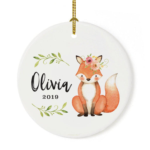 Custom Name Round Ceramic Christmas Tree Ornament, New Baby Girl, Woodland Fox Laurels Florals-Set of 1-Andaz Press-Custom Name-