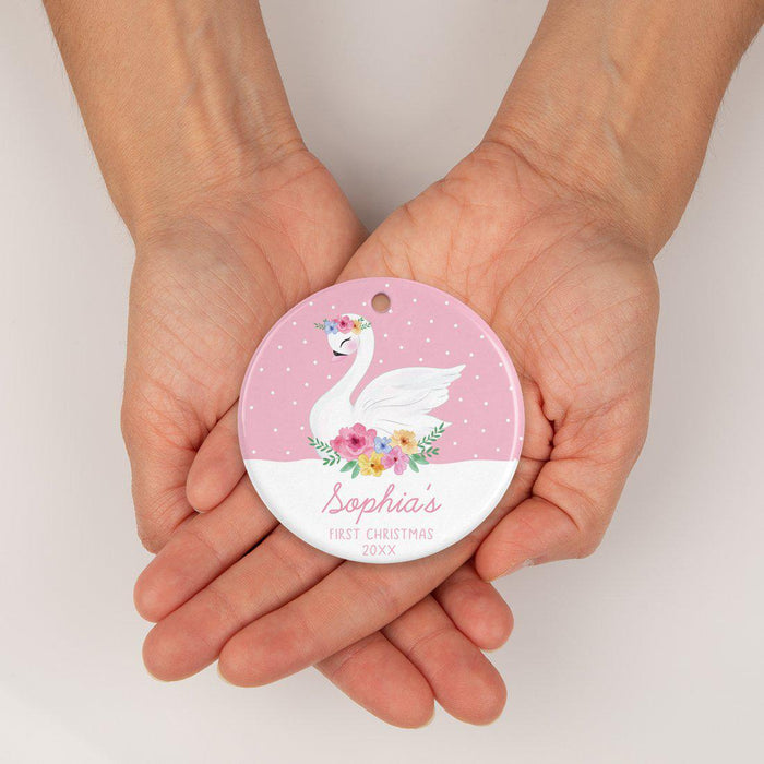 Custom Name Round Ceramic Porcelain Christmas Ornament New Girl Baby, Floral Flowers Swan Pink-Set of 1-Andaz Press-Custom Name-
