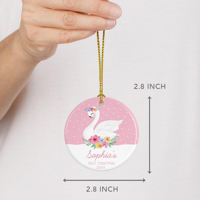 Custom Name Round Ceramic Porcelain Christmas Ornament New Girl Baby, Floral Flowers Swan Pink-Set of 1-Andaz Press-Custom Name-
