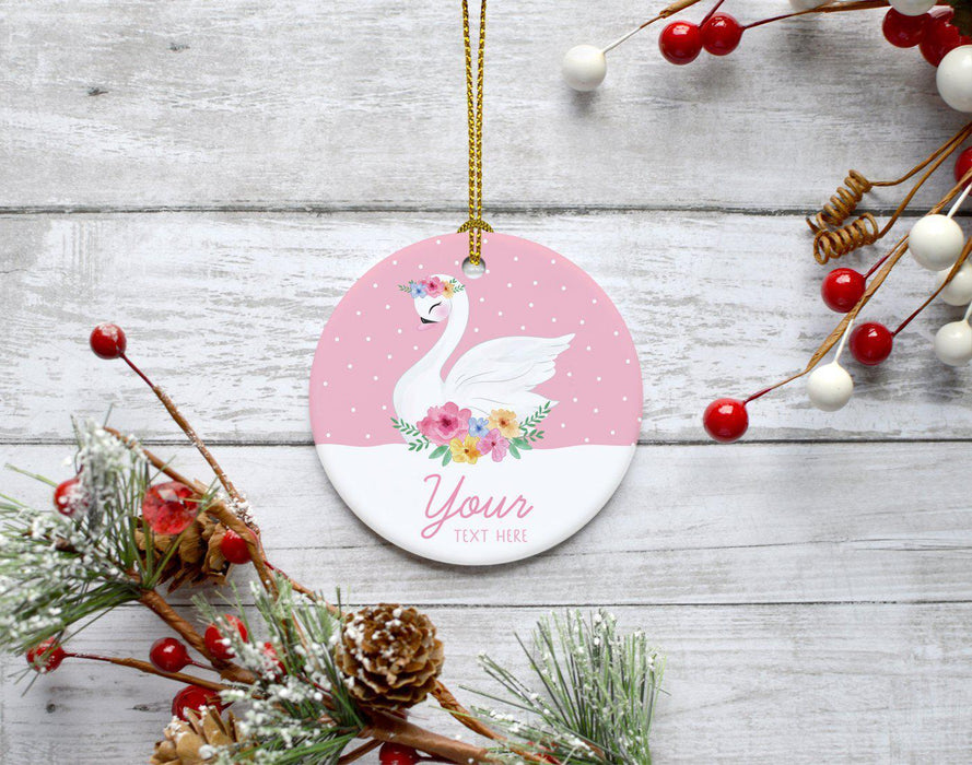 Custom Name Round Ceramic Porcelain Christmas Ornament New Girl Baby, Floral Flowers Swan Pink-Set of 1-Andaz Press-Custom Name-