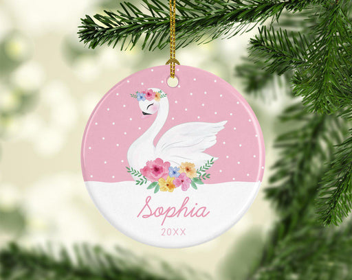 Custom Name Round Ceramic Porcelain Christmas Ornament New Girl Baby, Floral Flowers Swan Pink-Set of 1-Andaz Press-Custom Name-