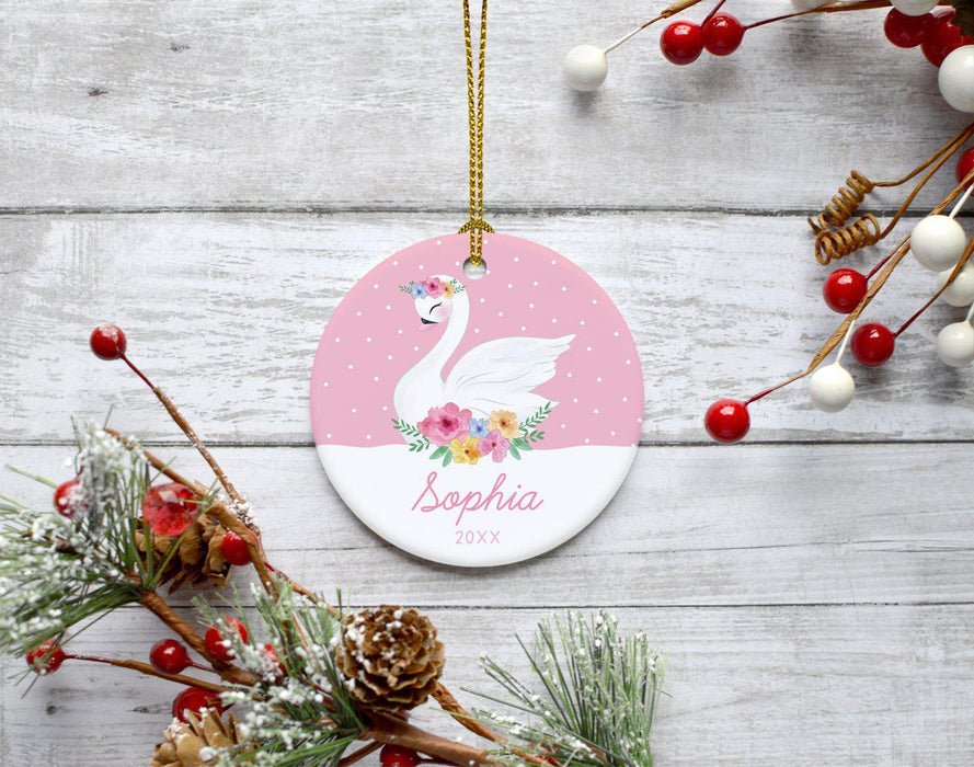 Custom Name Round Ceramic Porcelain Christmas Ornament New Girl Baby, Floral Flowers Swan Pink-Set of 1-Andaz Press-Custom Name-