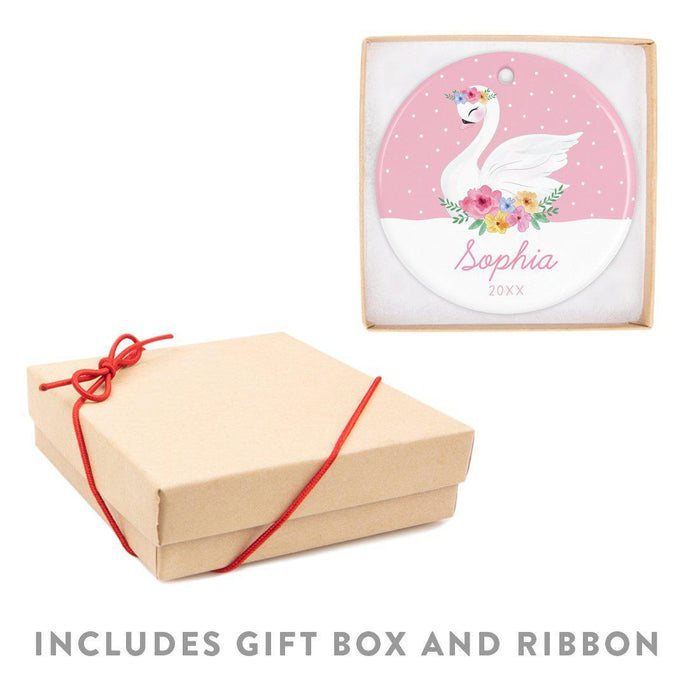 Custom Name Round Ceramic Porcelain Christmas Ornament New Girl Baby, Floral Flowers Swan Pink-Set of 1-Andaz Press-Custom Name-