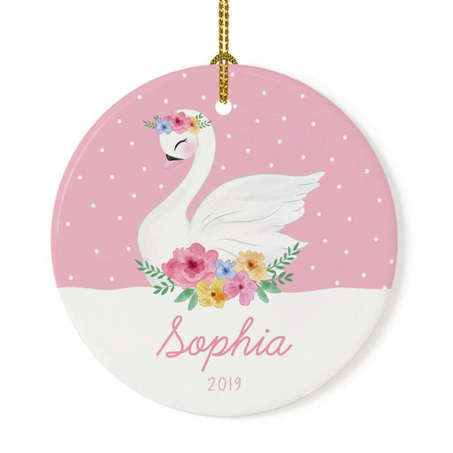 Custom Name Round Ceramic Porcelain Christmas Ornament New Girl Baby, Floral Flowers Swan Pink-Set of 1-Andaz Press-Custom Name-