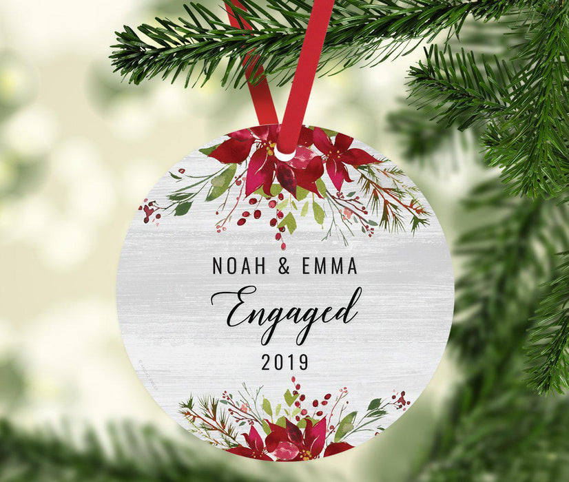 Custom Name Round Metal Christmas Ornament Gift, Farmhouse Rustic Gray Wood Deep Red Poinsettia Flower-Set of 1-Andaz Press-Engaged-