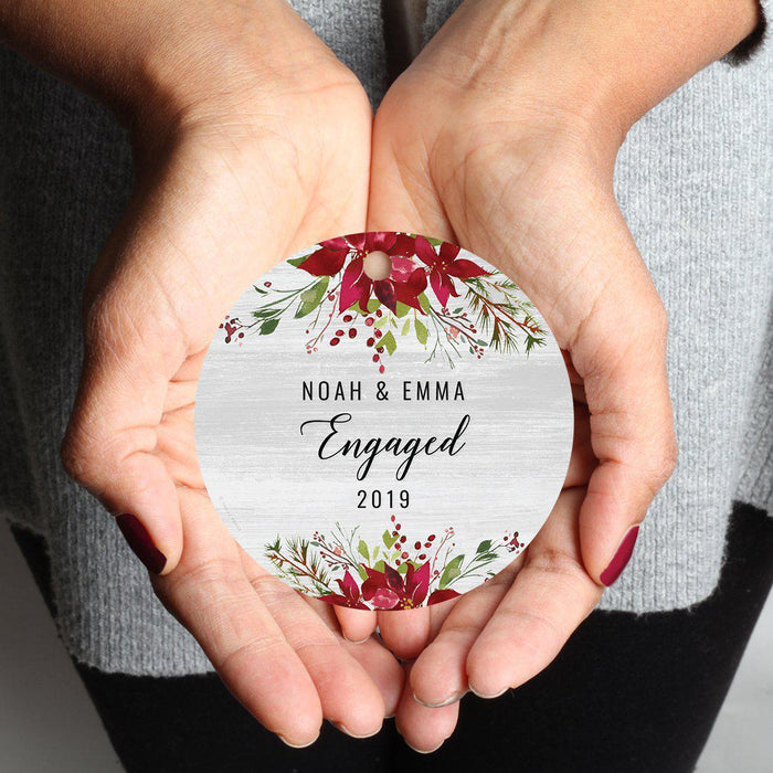 Custom Name Round Metal Christmas Ornament Gift, Farmhouse Rustic Gray Wood Deep Red Poinsettia Flower-Set of 1-Andaz Press-Engaged-