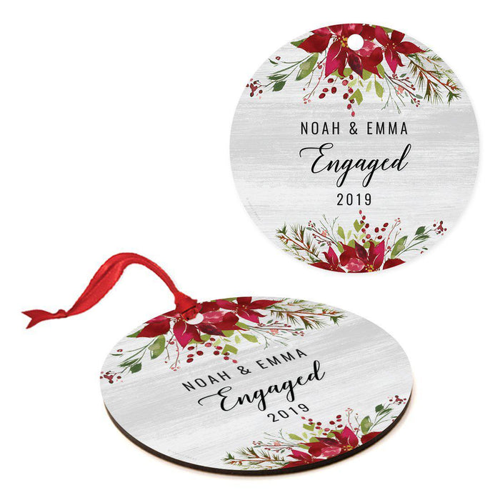 Custom Name Round Metal Christmas Ornament Gift, Farmhouse Rustic Gray Wood Deep Red Poinsettia Flower-Set of 1-Andaz Press-Engaged-