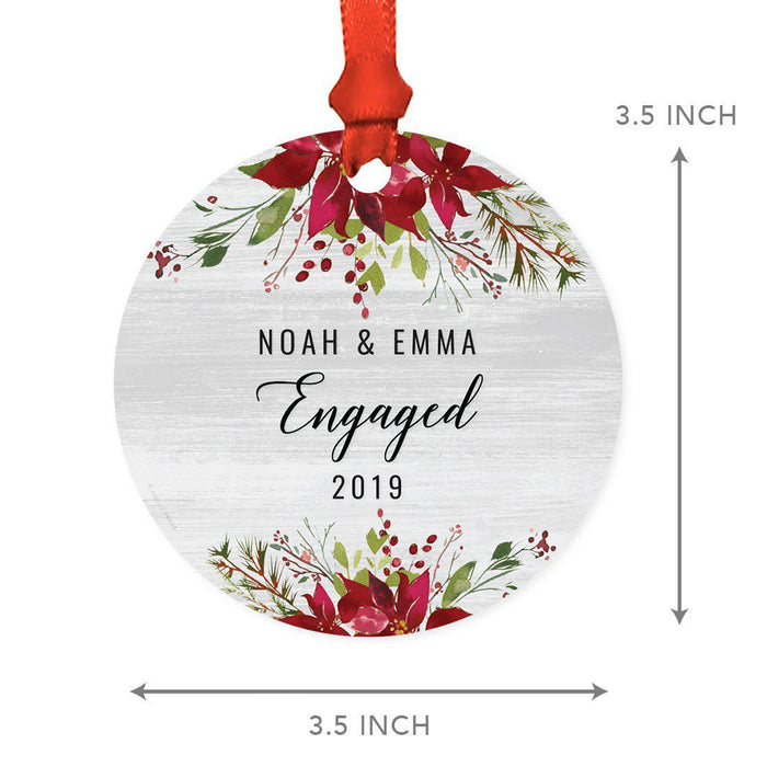 Custom Name Round Metal Christmas Ornament Gift, Farmhouse Rustic Gray Wood Deep Red Poinsettia Flower-Set of 1-Andaz Press-Engaged-