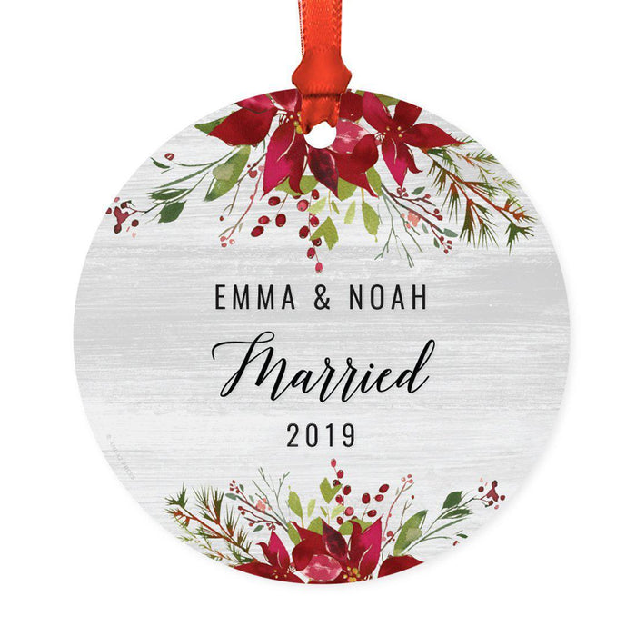 Custom Name Round Metal Christmas Ornament Gift, Farmhouse Rustic Gray Wood Deep Red Poinsettia Flower-Set of 1-Andaz Press-Engaged-