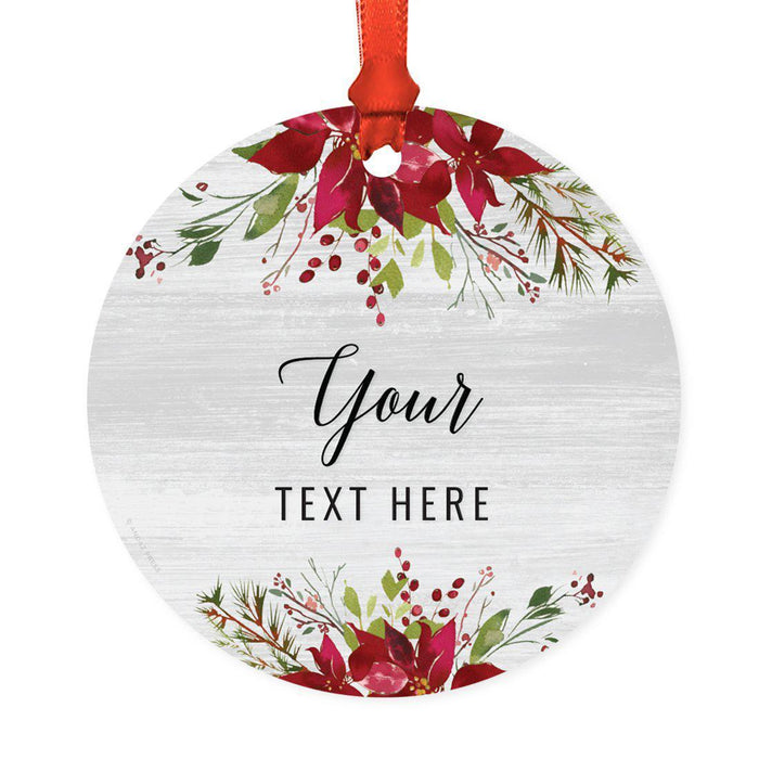 Custom Name Round Metal Christmas Ornament Gift, Farmhouse Rustic Gray Wood Deep Red Poinsettia Flower-Set of 1-Andaz Press-Custom Fully-