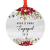 Custom Name Round Metal Christmas Ornament Gift, Farmhouse Rustic Gray Wood Deep Red Poinsettia Flower-Set of 1-Andaz Press-Engaged-