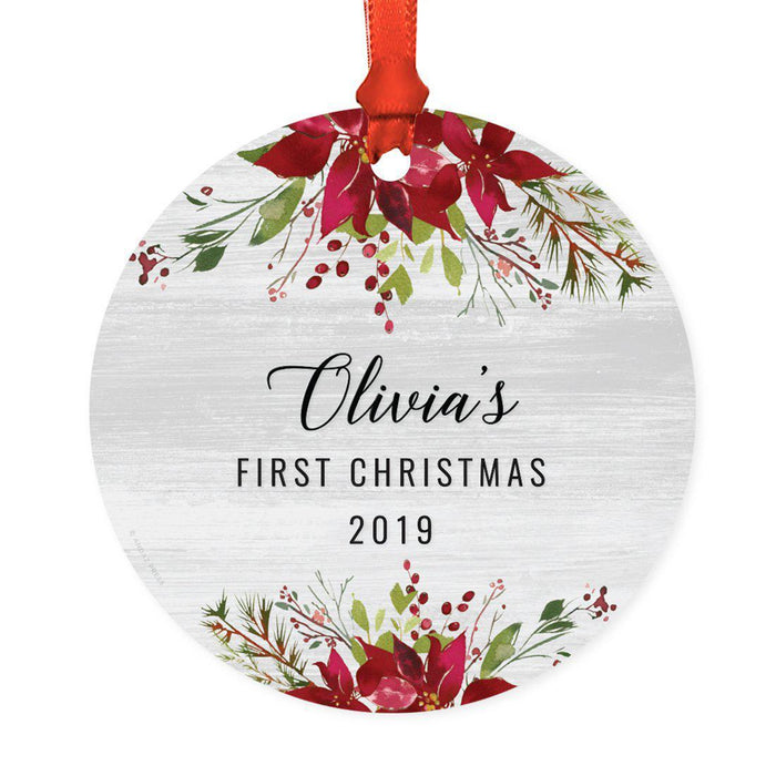 Custom Name Round Metal Christmas Ornament Gift, Farmhouse Rustic Gray Wood Deep Red Poinsettia Flower-Set of 1-Andaz Press-First Christmas-