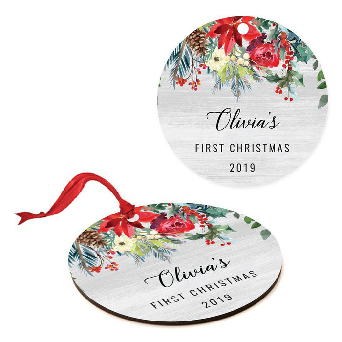 Custom Name Round Metal Christmas Ornament Gift, Farmhouse Rustic Gray Wood Red Poinsettia Flower Acorns-Set of 1-Andaz Press-Engaged-
