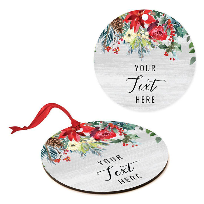 Custom Name Round Metal Christmas Ornament Gift, Farmhouse Rustic Gray Wood Red Poinsettia Flower Acorns-Set of 1-Andaz Press-Engaged-