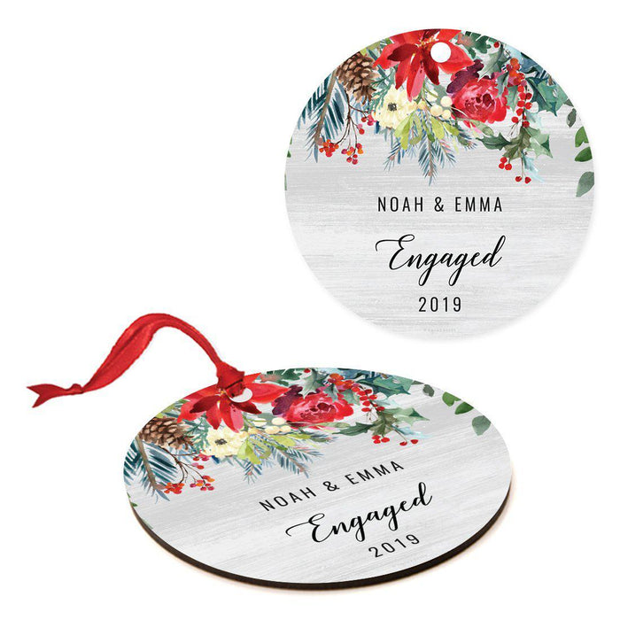 Custom Name Round Metal Christmas Ornament Gift, Farmhouse Rustic Gray Wood Red Poinsettia Flower Acorns-Set of 1-Andaz Press-Engaged-