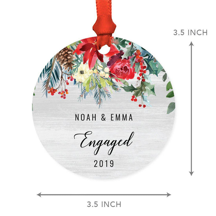 Custom Name Round Metal Christmas Ornament Gift, Farmhouse Rustic Gray Wood Red Poinsettia Flower Acorns-Set of 1-Andaz Press-Engaged-