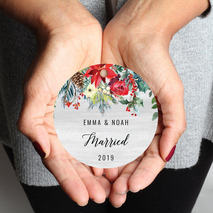 Custom Name Round Metal Christmas Ornament Gift, Farmhouse Rustic Gray Wood Red Poinsettia Flower Acorns-Set of 1-Andaz Press-Engaged-