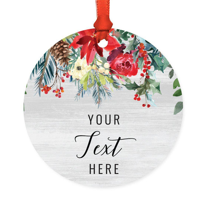 Custom Name Round Metal Christmas Ornament Gift, Farmhouse Rustic Gray Wood Red Poinsettia Flower Acorns-Set of 1-Andaz Press-Custom Fully-
