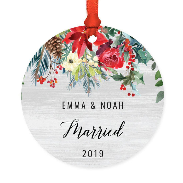 Custom Name Round Metal Christmas Ornament Gift, Farmhouse Rustic Gray Wood Red Poinsettia Flower Acorns-Set of 1-Andaz Press-Married-