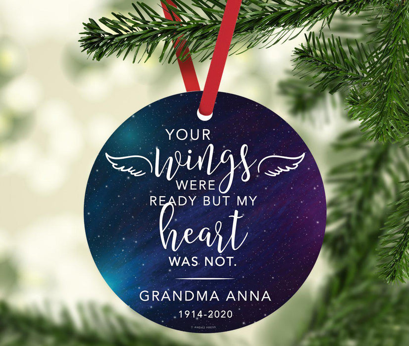 Custom Name Round Metal Keepsake Memorial Ornament, Your Wings Were Ready, My Heart Was Not-Set of 1-Andaz Press-Blue Floral-