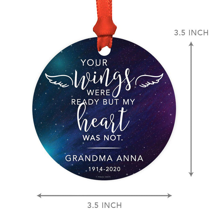 Custom Name Round Metal Keepsake Memorial Ornament, Your Wings Were Ready, My Heart Was Not-Set of 1-Andaz Press-Blue Floral-