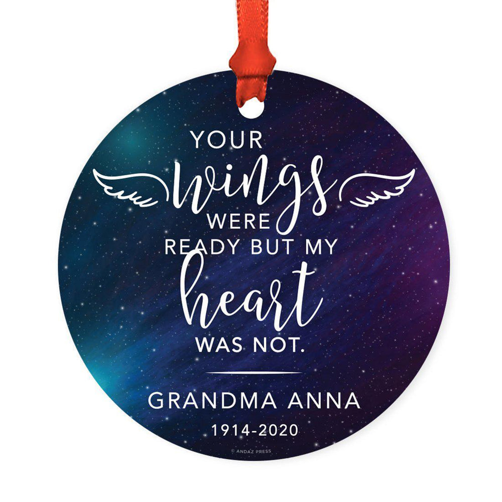 Custom Name Round Metal Keepsake Memorial Ornament, Your Wings Were Ready, My Heart Was Not-Set of 1-Andaz Press-Blue Floral-