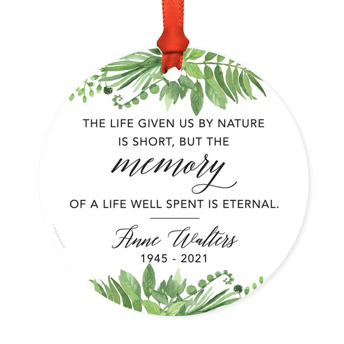 Custom Name Round Metal Keepsake Memorial Ornament, Your Wings Were Ready, My Heart Was Not-Set of 1-Andaz Press-Greenery Leaves-