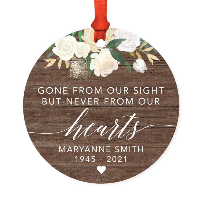 Custom Name Round Metal Keepsake Memorial Ornament, Your Wings Were Ready, My Heart Was Not-Set of 1-Andaz Press-Rustic Wood Floral-