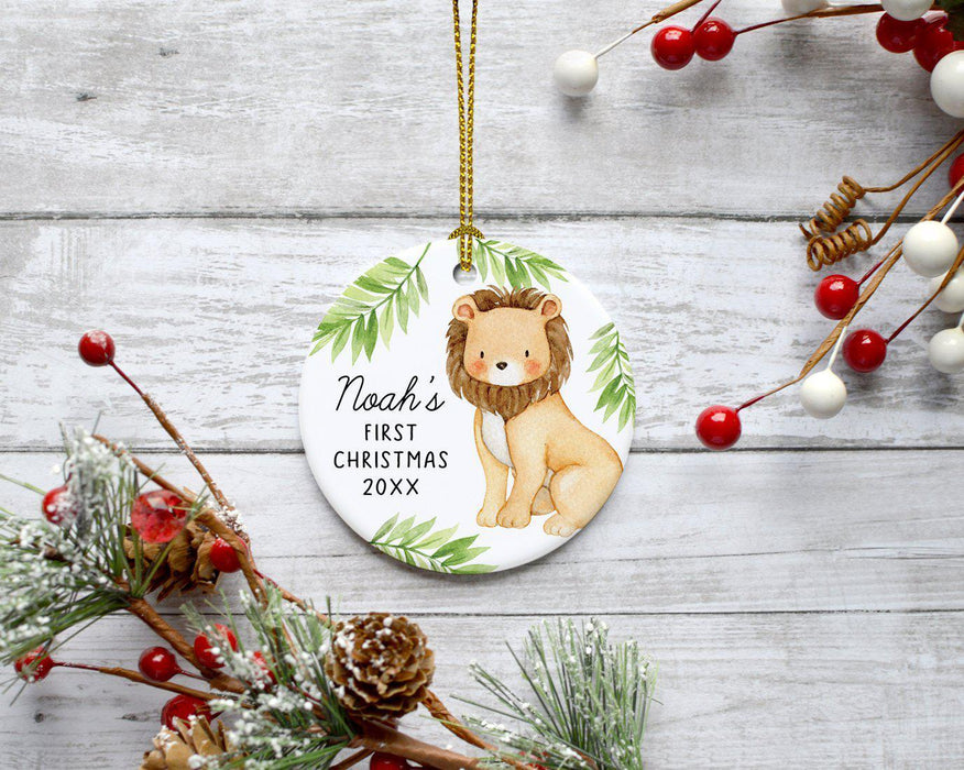 Custom Name Round Porcelain Baby's Christmas Tree Ornament Gift, Watercolor Lion-Set of 1-Andaz Press-Baby First Christmas Custom-