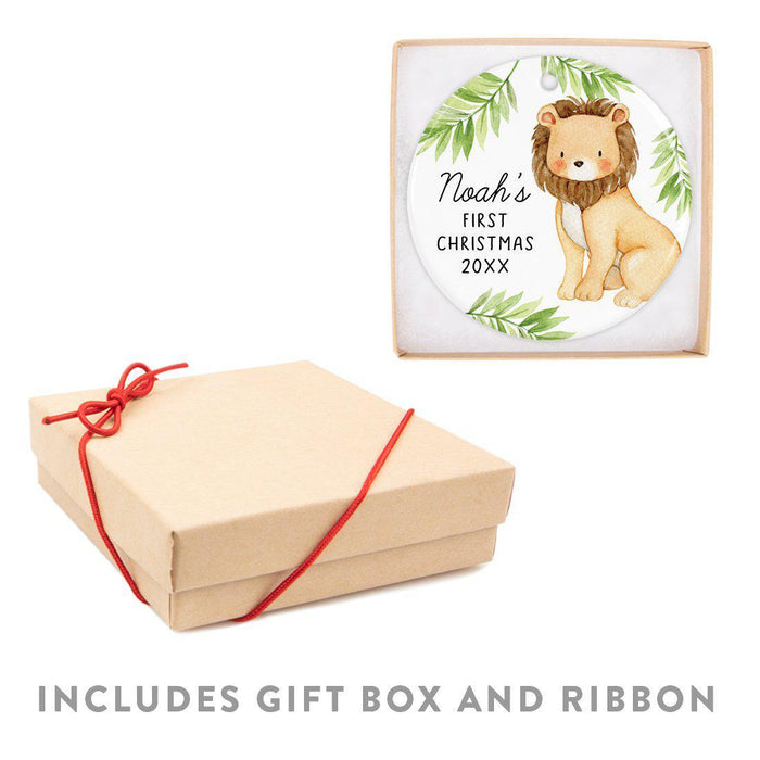 Custom Name Round Porcelain Baby's Christmas Tree Ornament Gift, Watercolor Lion-Set of 1-Andaz Press-Baby First Christmas Custom-