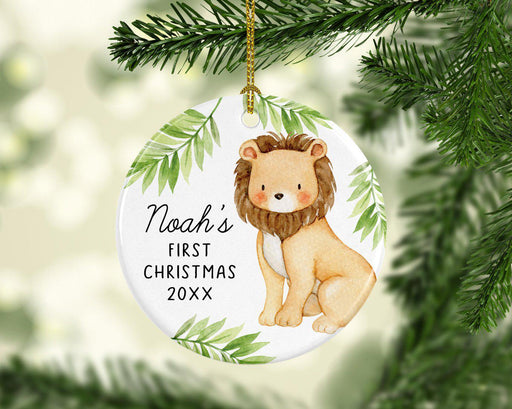 Custom Name Round Porcelain Baby's Christmas Tree Ornament Gift, Watercolor Lion-Set of 1-Andaz Press-Baby First Christmas Custom-
