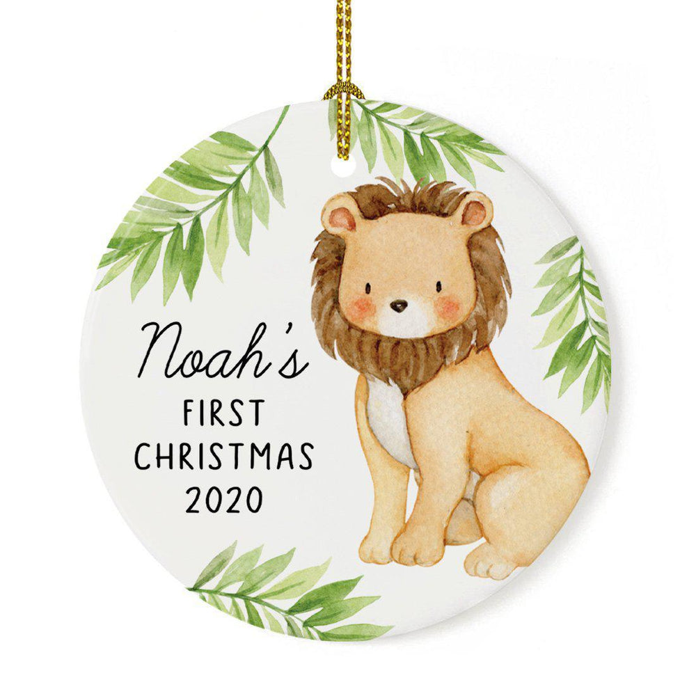 Custom Name Round Porcelain Baby's Christmas Tree Ornament Gift, Watercolor Lion-Set of 1-Andaz Press-Baby First Christmas Custom-