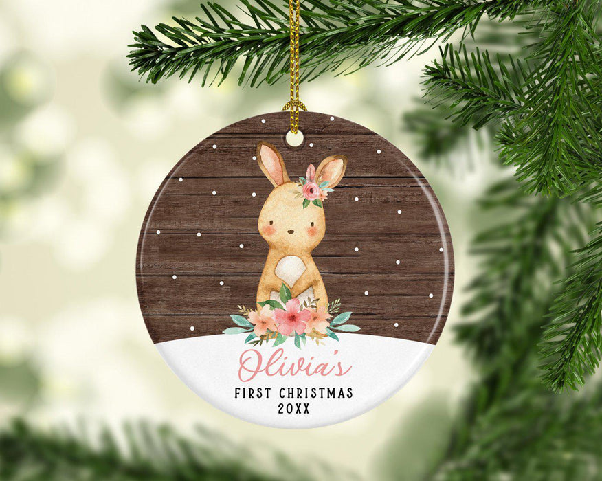 Custom Name Round Porcelain Girl Baby's Christmas Tree Ornament Gift, Watercolor Bunny Rabbit-Set of 1-Andaz Press-Baby First Christmas-