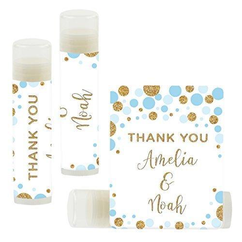 Custom Name Wedding Party Lip Balm Party Favors, Thank You, Bride & Groom-Set of 12-Andaz Press-Baby Blue Faux Gold Glitter Confetti Dots-